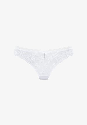 White lace thong with floral patterns, scalloped edges, and a small metallic accent. Features a smooth white cotton lining for comfort.