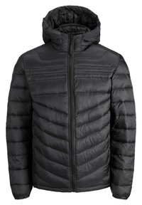 Giubbotto imbottito nero con cappuccio, chiusura frontale con zip e design trapuntato con motivi orizzontali e a zig-zag. Tessuto liscio e lucido.