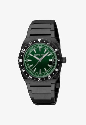 Sort metalur armbåndsur med grøn urskive, sølv timeindekser, tre visere, datovindue klokken 3 og 24-timers krans markeret med hvid.