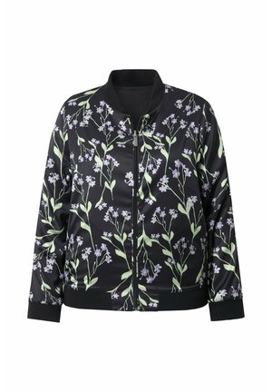 Schwarze Bomberjacke mit floralem Muster, das hellviolette Blumen und grüne Blätter zeigt. Hergestellt aus glattem Stoff, verfügt über einen Frontreißverschluss und gerippte Bündchen.