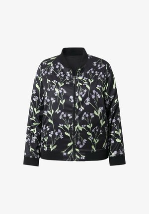 Zwarte bomberjack met een bloemenpatroon met lichtpaarse bloemen en groene bladeren. Gemaakt van gladde stof, met een rits aan de voorkant en geribbelde manchetten.