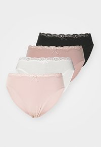 Four pairs of women's panties in black, light pink, white, and dark pink. Each has a lace trim and a small bow accent on the front.