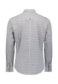 Witte overhemd met lange mouwen, voorzien van een marineblauw geometrisch patroon, een button-down kraag en een enkele knoop op de achterkant. Voortdurend stofontwerp.
