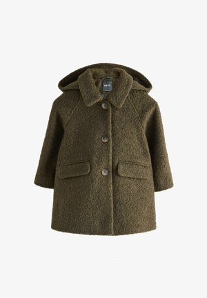 Alyvuogių žalia vilnonė striukė su gobtuvu, turinti tekstūruotą paviršių, mygtukų užsegimą priekyje ir dvi priekines kišenes.