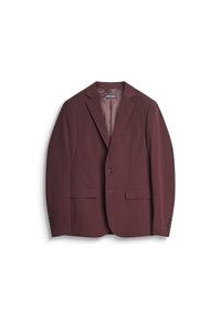 Blazer bordeaux realizzato in tessuto liscio, caratterizzato da una chiusura frontale a singolo bottone, rever a lancia, due tasche frontali e polsini con bottone.
