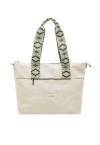 Borsa a spalla bianca in pelle con una finitura texturizzata, dotata di una tracolla verde con motivo e una tasca frontale con zip. Dettaglio del logo circolare nella parte anteriore.