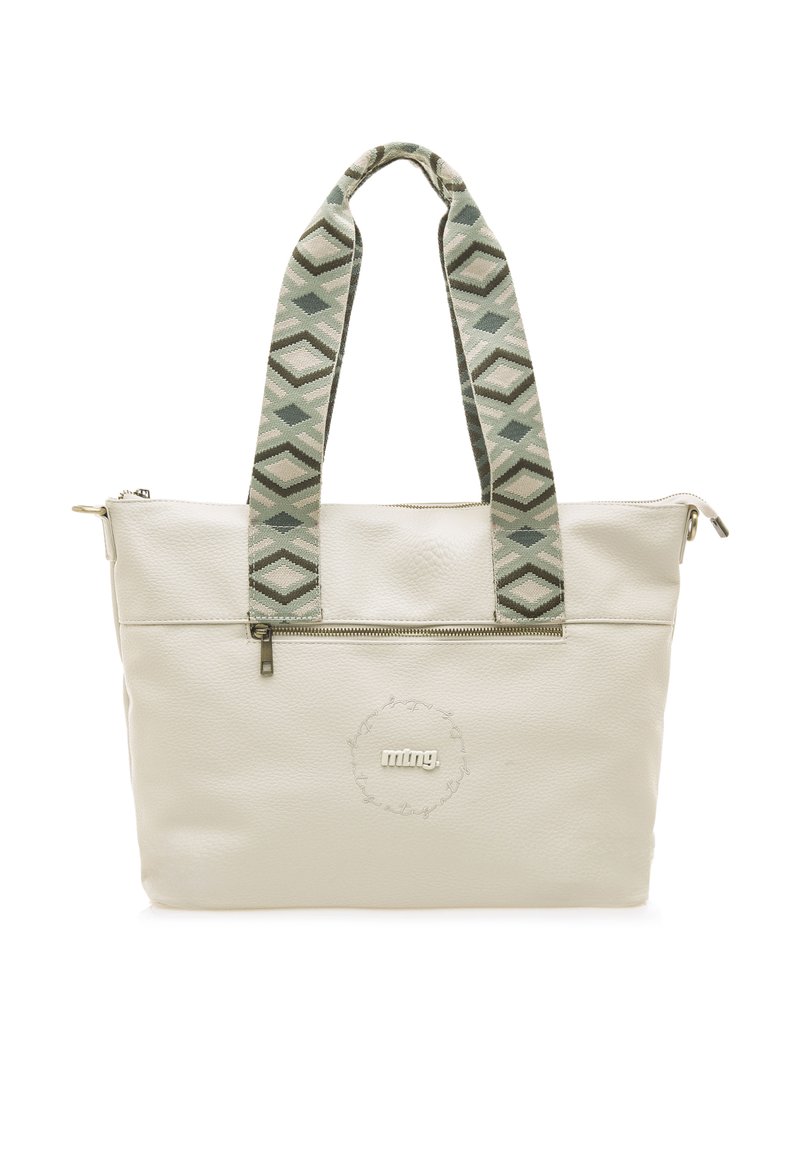 Borsa a spalla bianca in pelle con una finitura texturizzata, dotata di una tracolla verde con motivo e una tasca frontale con zip. Dettaglio del logo circolare nella parte anteriore.