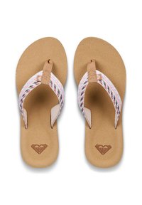 Καφέ σαγιονάρες με υφασμένο πάτο. Οι λουρίδες έχουν πλεκτό σχέδιο σε ροζ, λευκό και μαύρο, με μια μικρή λεπτομέρεια λογότυπου στη μεσαία λουρίδα.