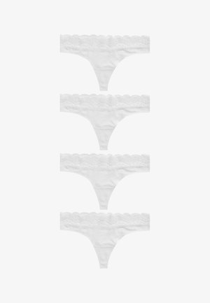 Valkoiset pitsireunaiset stringit, joissa on pehmeä kangas, aaltoileva vyötärö ja minimalistinen muotoilu. Neljä paria esitelty pystysuunnassa.