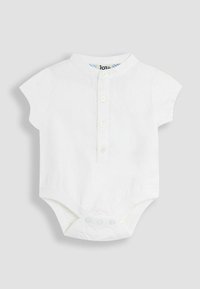 Biały bawełniany bodysuit z krótkim rękawem i kołnierzykiem, z zapięciem na guziki i zatrzaskiem na dole. Gładki materiał i prosty design.