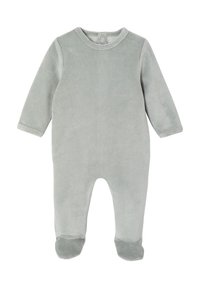 Grauer Baby-Overall aus Cord mit langen Ärmeln, Fußdesign, Druckknopfverschluss hinten und weicher Textur. Glatte Oberfläche mit gerippten Details.