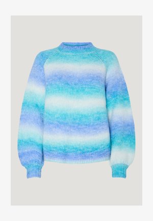 Lightweight knit sweater in gradient shades of blue and white; features a high neckline and ribbed cuffs for a relaxed fit.