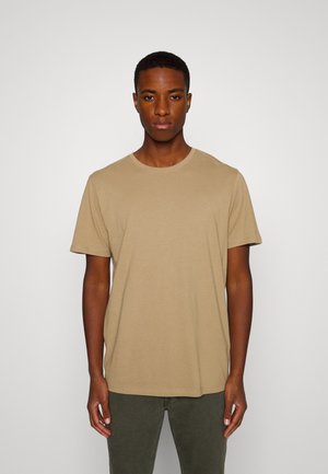 Beige katoenen T-shirt met een ronde halslijn en korte mouwen, met een gladde textuur en een getailleerde silhoeet.