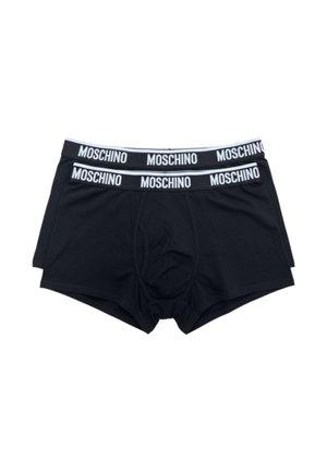 Due boxer boxer Moschino neri con fascia elastica in vita con la scritta "Moschino" in lettere bianche e in grassetto.