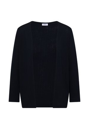 Cardigan noir à manches longues, ouvert sur le devant, avec une texture côtelée, portant l'étiquette "CECIL" au niveau de l'encolure.