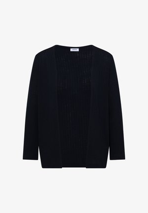 Cardigan noir à manches longues, ouvert sur le devant, avec une texture côtelée, portant l'étiquette "CECIL" au niveau de l'encolure.