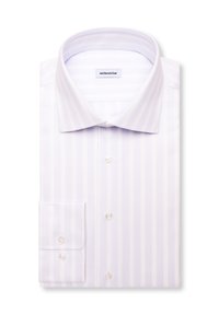 Chemise blanche habillée avec fines rayures verticales, col italien, poignets boutonnés et boutons sur le devant, soigneusement pliée.