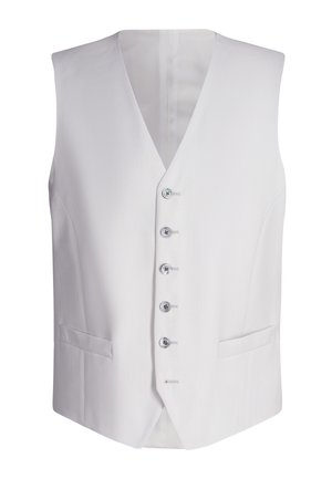Biały, bezrękawnik z dekoltem w serek, z sześcioma srebrnymi guzikami i dwoma przednimi kieszeniami, wykonany z gładkiej, teksturowanej tkaniny.