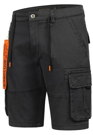 Pantaloni cargo neri realizzati in cotone misto, con molteplici tasche, vita con coulisse e dettaglio arancione. Design durevole e funzionale.