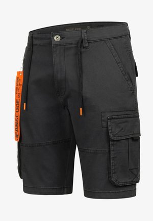 Musta cargo-shortsit, jotka on valmistettu puuvillasekoitteesta. Niissä on useita taskuja, kiristysnyöri vyötäröllä ja oranssi tagi korostuksena. Kestävä ja toiminnallinen muotoilu.