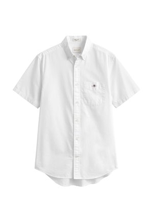 Camicia bianca a maniche corte con bottoni, taschino sul petto con piccolo logo ricamato e colletto con bottoni.