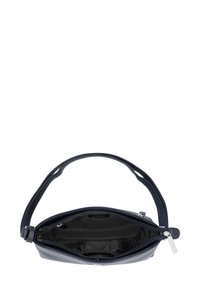 Marineblauwe leren crossbodytas met een afneembare schouderband, ritssluiting en een gevoerd binnenvak met elastische ruches en een klein zakje.
