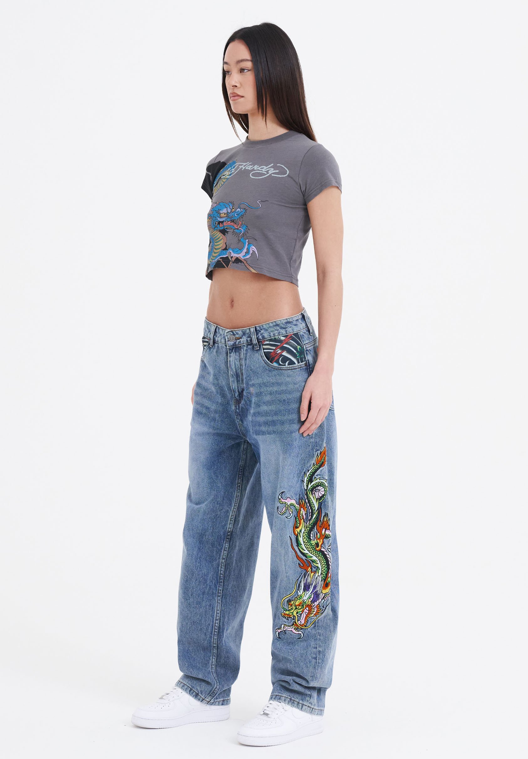 Ed Hardy CRAWLING DRAGON - Jeansy Relaxed Fit/bleached denim