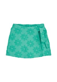 Türkiser Wickelrock mit floraler Stickerei, elastischem Taillenbund, seitlichem Bindeband und strukturiertem Stoff mit erhabenen Blütenmustern.