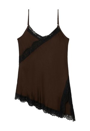 Bruine camisol met zwarte kantaccenten, met een diagonale print en verstelbare bandjes. De zoom is golvend met kanten rand.