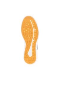 Semelle de basket en caoutchouc avec une surface orange texturée présentant des motifs hexagonaux et un bord extérieur blanc, conçue pour une adhérence et une flexibilité optimales.