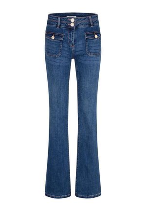 Ausgestellte Jeans aus Denim in einer mittelblauen Waschung, ausgestattet mit einer doppelten Knopf-Front, zwei Fronttaschen und dekorativen Gesäßtaschen.