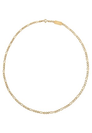 Goldkette mit länglichen Gliedern, die sich zwischen flachen und runden Abschnitten abwechseln, mit einem Karabinerverschluss zum Befestigen.