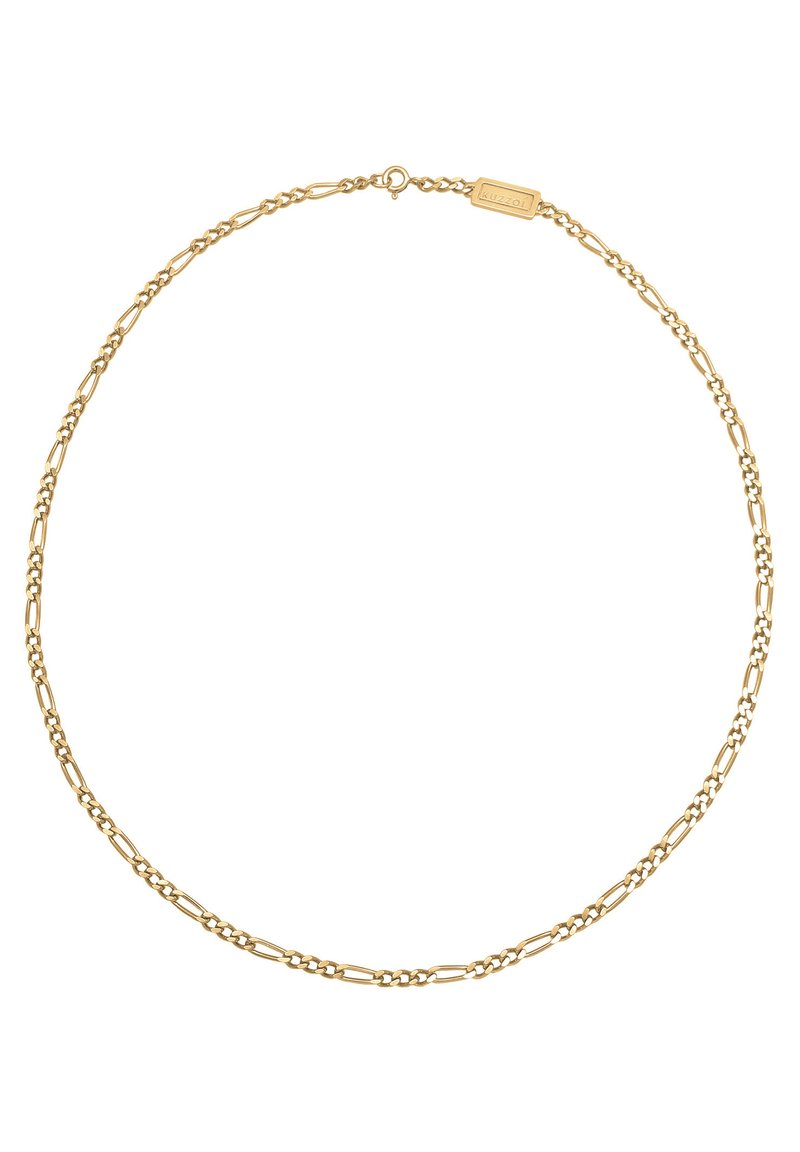 Goldkette mit länglichen Gliedern, die sich zwischen flachen und runden Abschnitten abwechseln, mit einem Karabinerverschluss zum Befestigen.