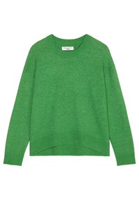 Vihreä neulepaita, joka on valmistettu pehmeästä neuloksesta. Siinä on pyöreä pääntie, ribattu hihansuu ja hieman lyhyt helma, jossa on rento istuvuus.