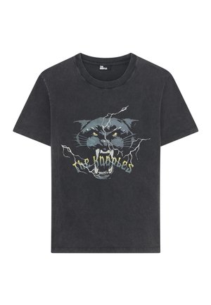 Juodas medvilninis marškinėliai su grafika, vaizduojančia panteros veidą su žaibais ir tekstu "The Houpples" geltona spalva, apvalaus kaklo dizainas.