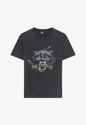 Black cotton t-shirt featuring a graphic of a panther's face with lightning bolts and the text "The Houpples" in yellow, round neck design.
