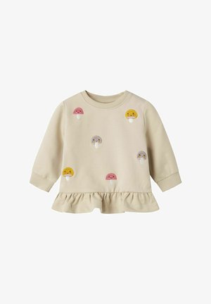 Beige sweatshirt met lange mouwen en een gerimpelde zoom, versierd met verschillende geborduurde kleurrijke paddenstoelen in roze, geel en grijs.