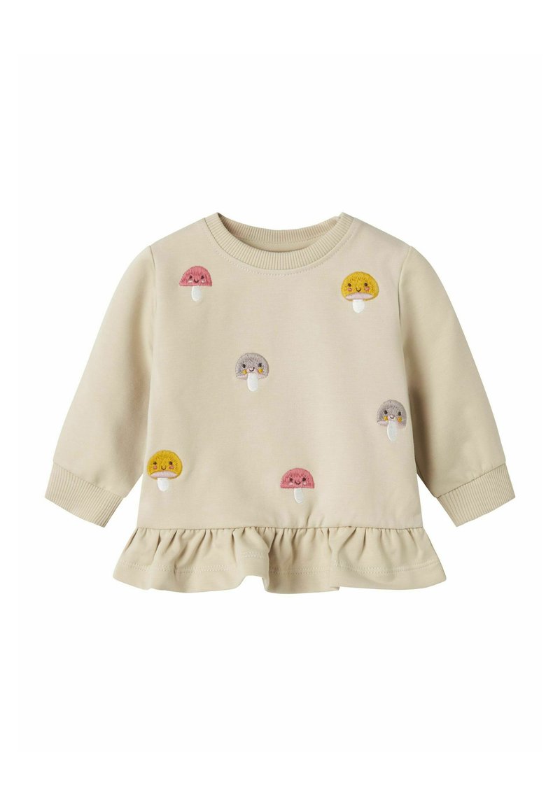 Sweatshirt beige à manches longues avec un ourlet froncé, arborant divers champignons colorés brodés en rose, jaune et gris.