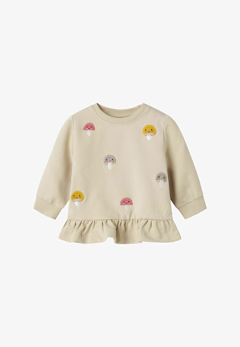 Felpa beige a maniche lunghe con orlo arricciato, caratterizzata da vari funghi colorati ricamati in rosa, giallo e grigio.