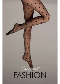 Przezroczyste czarne rajstopy z dużymi czarnymi kropkami, uwydatniające gładką teksturę i dopasowany krój, który podkreśla kształt nóg.