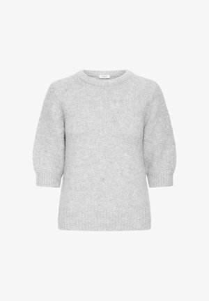 Svetlo siva pletiva majica z okroglim izrezom, kratkimi pufastimi rokavi in ribastimi manšeti. Mehka tekstura in klasičen kroj.