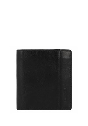 Black leather wallet with a bi-fold design, featuring smooth texture, embossed logo, and clean stitching on the edges.