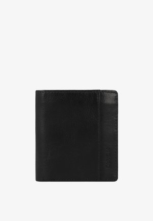 Black leather wallet with a bi-fold design, featuring smooth texture, embossed logo, and clean stitching on the edges.
