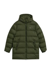Olijfgroen pufferjack met een capuchon, glanzende textuur, ritssluiting aan de voorkant en twee zijzakken. Heeft een gequilt ontwerp en trekkoorden accentueert.