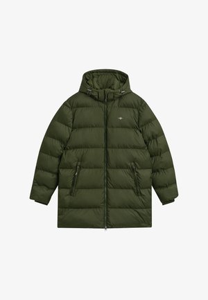 Olivgrüne Pufferjacke mit Kapuze, glänzender Textur, Reißverschluss vorne und zwei seitlichen Taschen. Verfügt über ein gestepptes Design und Kordelzugakzente.