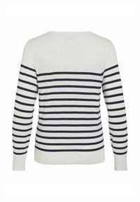 Suéter a rayas en color crema con rayas horizontales en navy, con mangas largas y escote redondo. Textura de punto suave, diseño versátil.