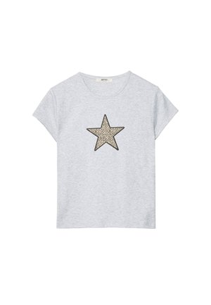 T-shirt gris clair à manches courtes avec une grande étoile en imprimé léopard centrée sur le devant.