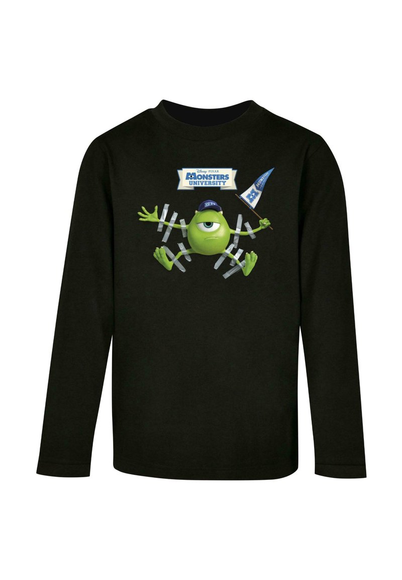 Sort langærmet t-shirt med en grøn tegneseriefigur med ét øje, iført en kasket og holder et flag. Grafikken viser "Monsters University."
