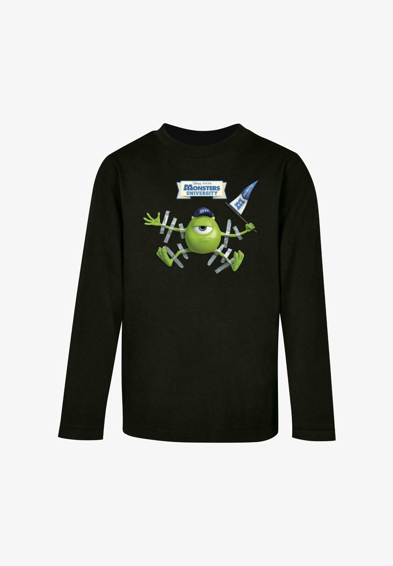 Schwarzes Langarm-T-Shirt mit einem grünen Cartoon-Charakter mit einem Auge, der eine Kappe trägt und eine Flagge hält. Grafik zeigt "Monsters University."