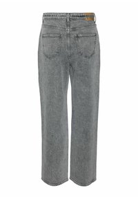 Jeans din denim gri cu un design drept, care prezintă două buzunare spate și un eticheta de marcă vizibilă pe talie.